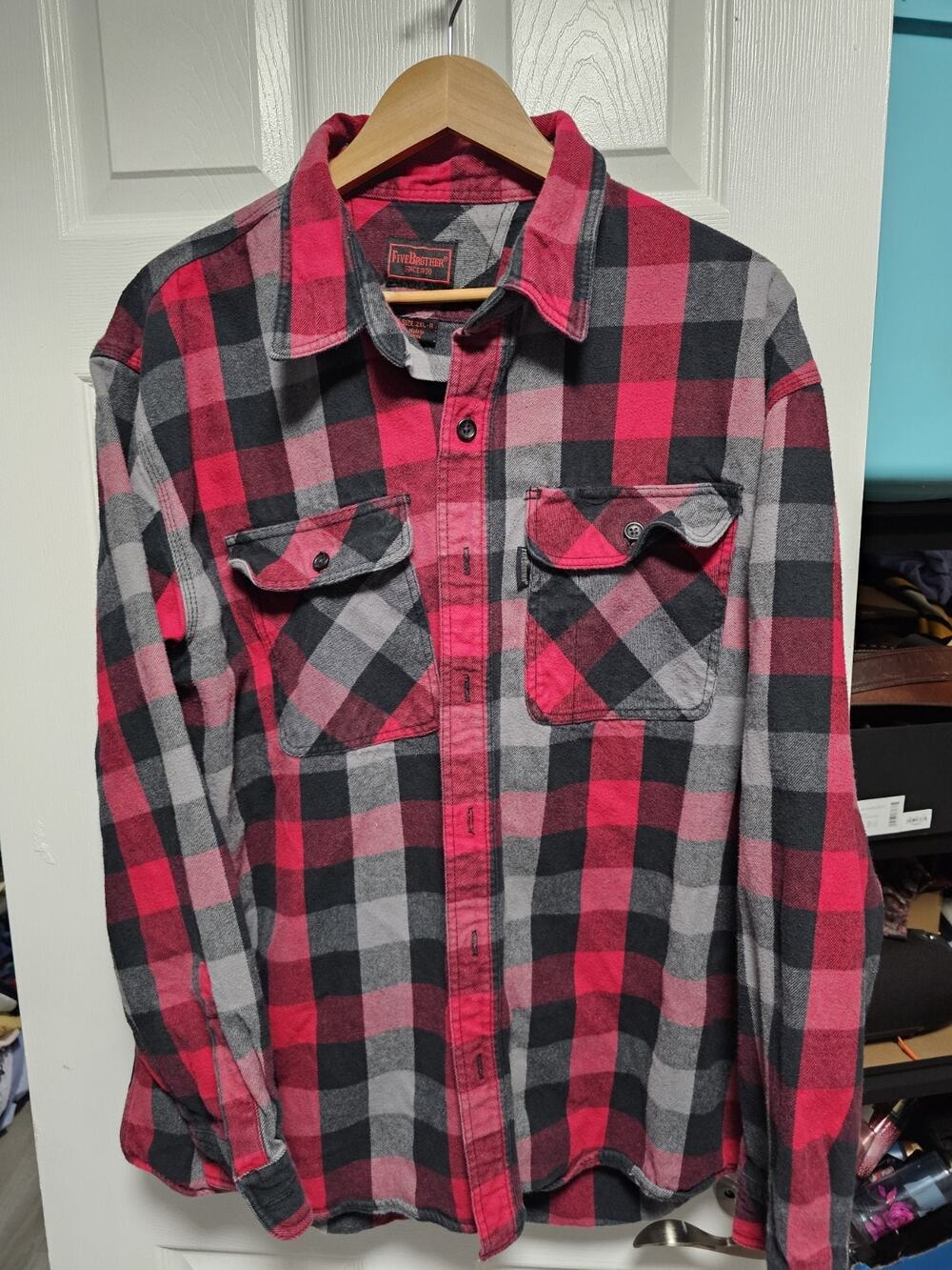 Five Brothers Mens Long Sleeve Red Flannel Shirt 2XL-R Plaid 100% Cotton USA